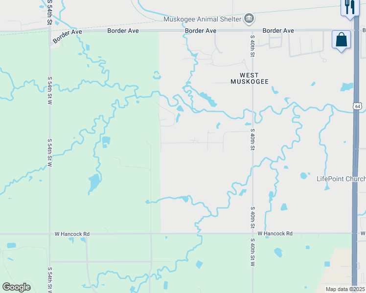 map of restaurants, bars, coffee shops, grocery stores, and more near 4207 Eagle Crest Drive in Muskogee