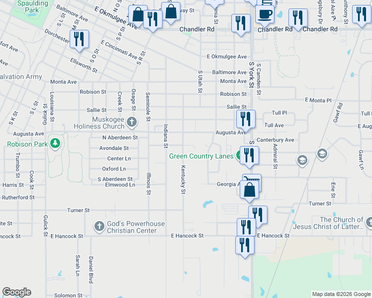 map of restaurants, bars, coffee shops, grocery stores, and more near 1002 Kentucky Street in Muskogee