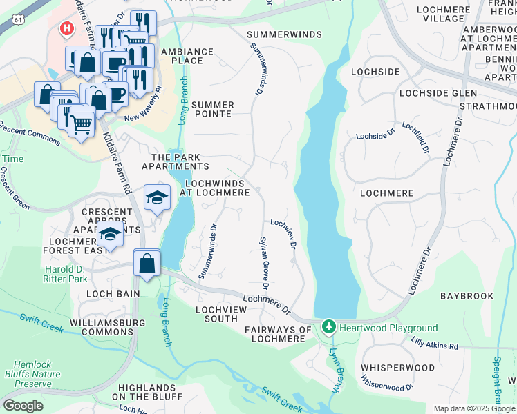 map of restaurants, bars, coffee shops, grocery stores, and more near 108 Sylvan Grove Drive in Cary
