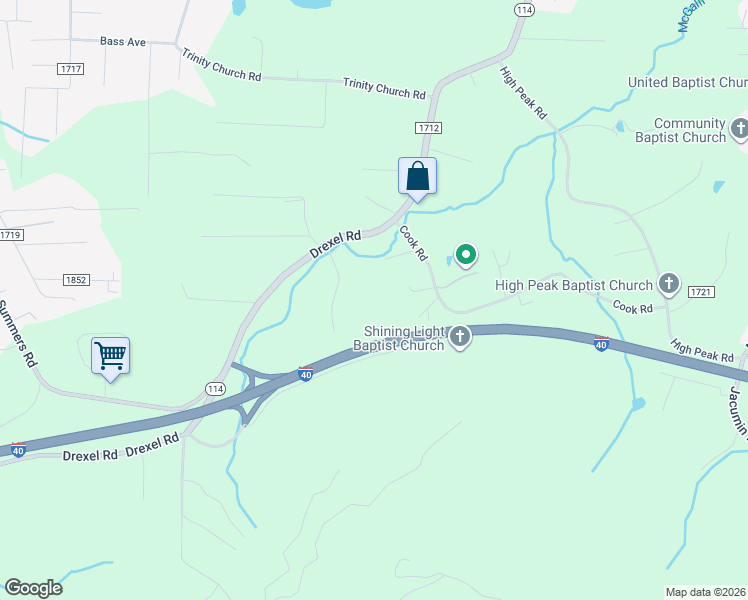 map of restaurants, bars, coffee shops, grocery stores, and more near 3688 Cook Road in Valdese