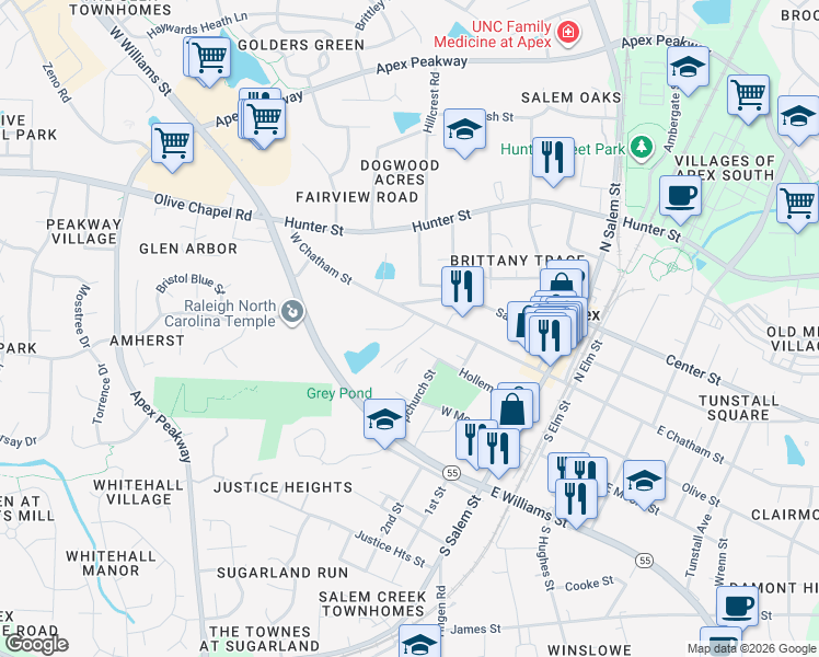map of restaurants, bars, coffee shops, grocery stores, and more near 503 West Chatham Street in Apex