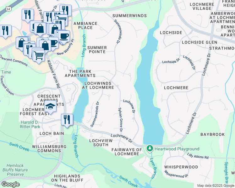map of restaurants, bars, coffee shops, grocery stores, and more near 108 Sylvan Grove Drive in Cary