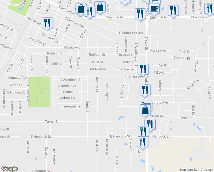 map of restaurants, bars, coffee shops, grocery stores, and more near 1002 Kentucky Street in Muskogee