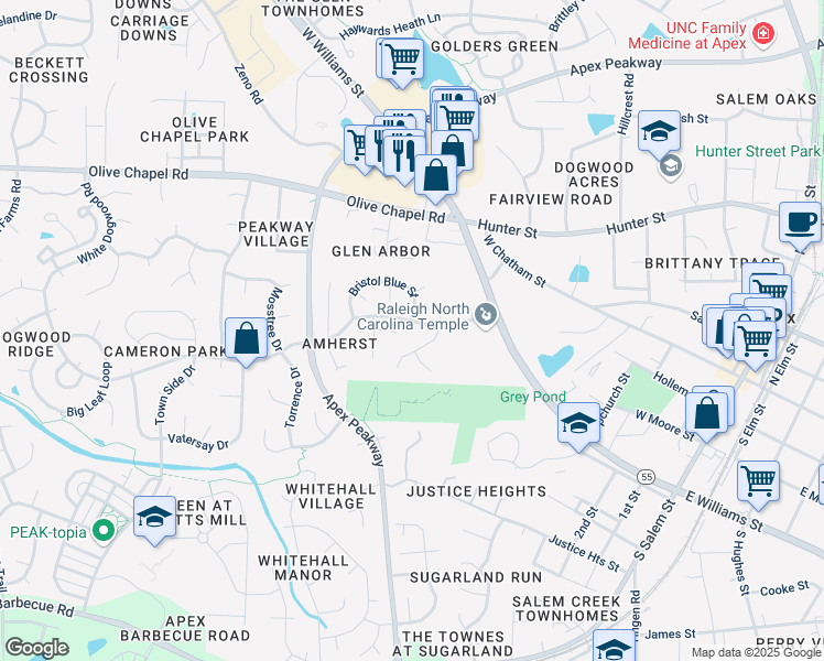 map of restaurants, bars, coffee shops, grocery stores, and more near 410 High Holborn Court in Apex