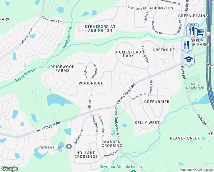 map of restaurants, bars, coffee shops, grocery stores, and more near 3012 Moretz Court in Apex