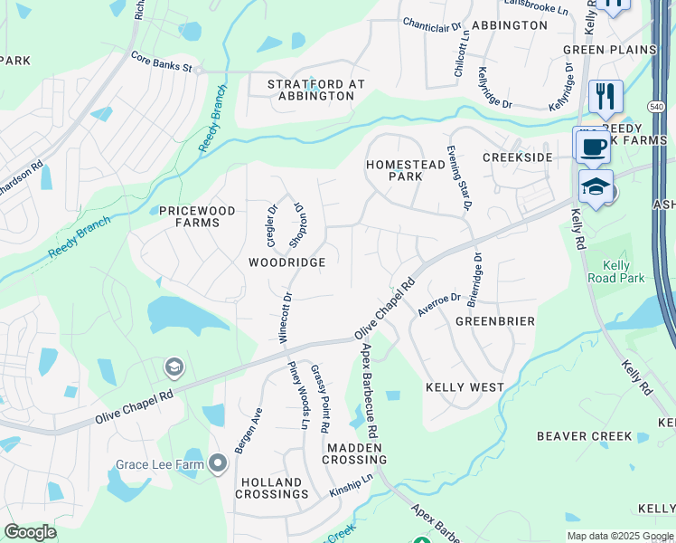 map of restaurants, bars, coffee shops, grocery stores, and more near 3012 Moretz Court in Apex
