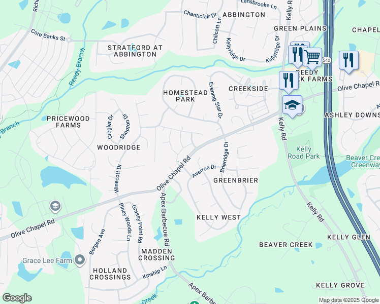 map of restaurants, bars, coffee shops, grocery stores, and more near 2020 Olive Chapel Road in Apex