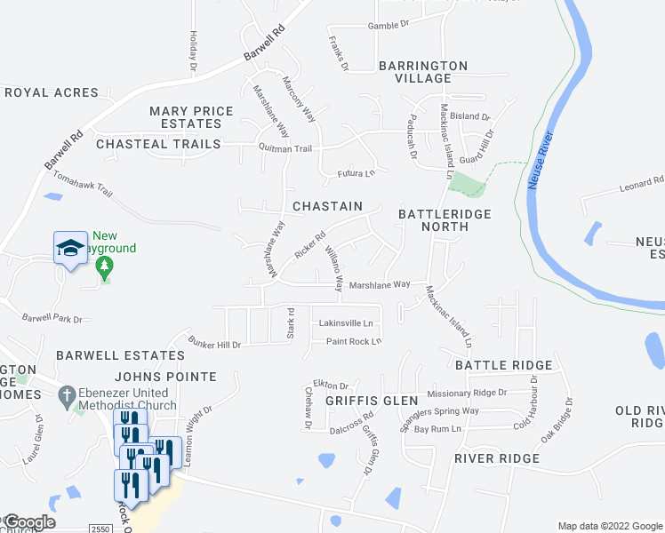 map of restaurants, bars, coffee shops, grocery stores, and more near 3634 Willano Way in Raleigh