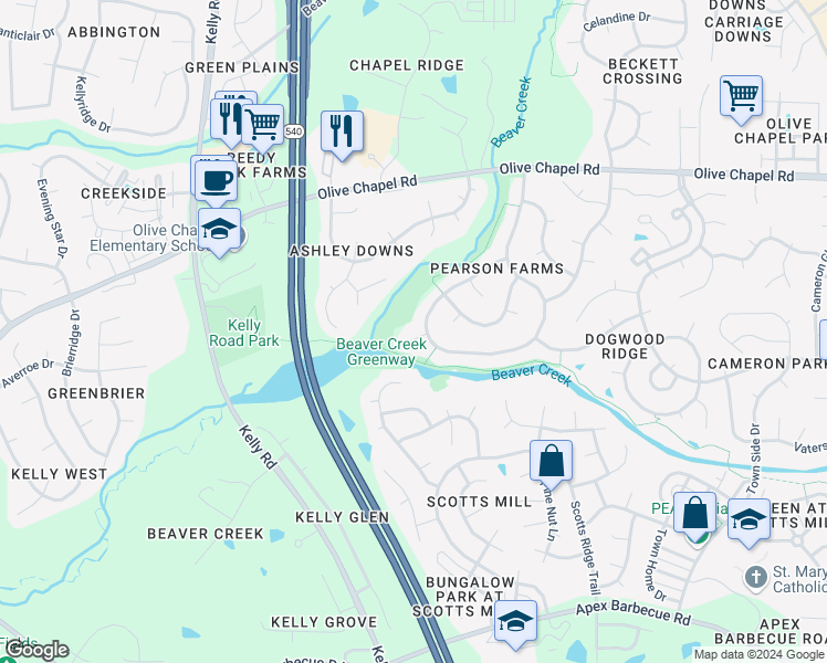 map of restaurants, bars, coffee shops, grocery stores, and more near 1602 Kelvington Place in Apex