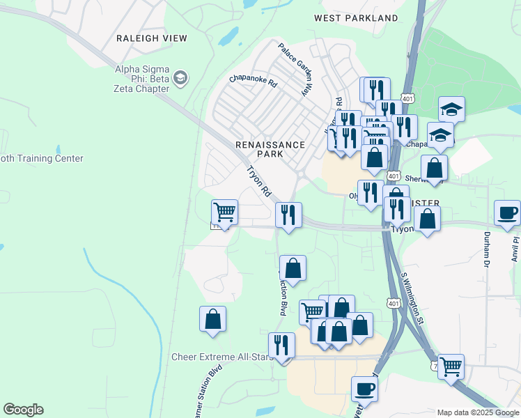 map of restaurants, bars, coffee shops, grocery stores, and more near 810 Bryant Street in Raleigh