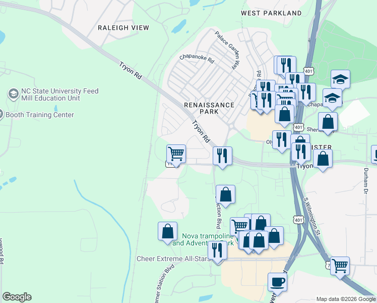 map of restaurants, bars, coffee shops, grocery stores, and more near 653 Cupola Drive in Raleigh