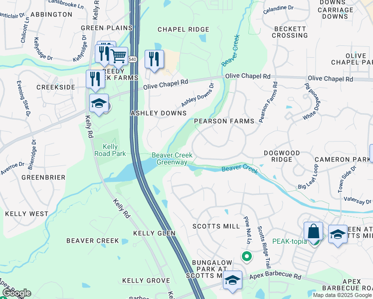 map of restaurants, bars, coffee shops, grocery stores, and more near 1602 Kelvington Place in Apex