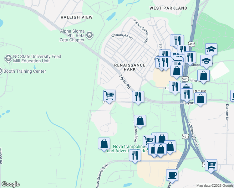 map of restaurants, bars, coffee shops, grocery stores, and more near 653 Cupola Drive in Raleigh