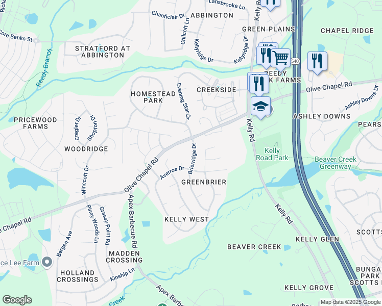 map of restaurants, bars, coffee shops, grocery stores, and more near 110 Brierridge Drive in Apex