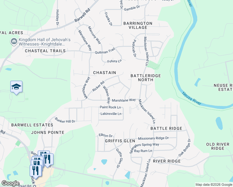 map of restaurants, bars, coffee shops, grocery stores, and more near 6029 Namozine Court in Raleigh