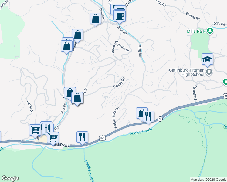 map of restaurants, bars, coffee shops, grocery stores, and more near 358 Ownby Circle in Gatlinburg