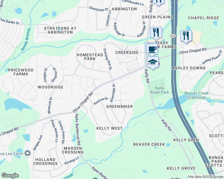 map of restaurants, bars, coffee shops, grocery stores, and more near 110 Brierridge Drive in Apex