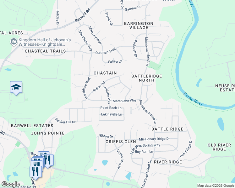 map of restaurants, bars, coffee shops, grocery stores, and more near 6029 Namozine Court in Raleigh
