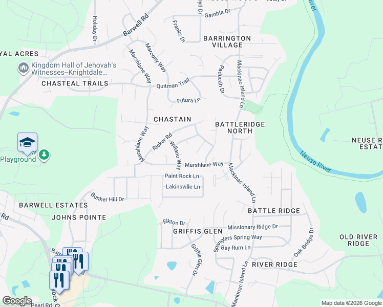 map of restaurants, bars, coffee shops, grocery stores, and more near 6029 Namozine Court in Raleigh