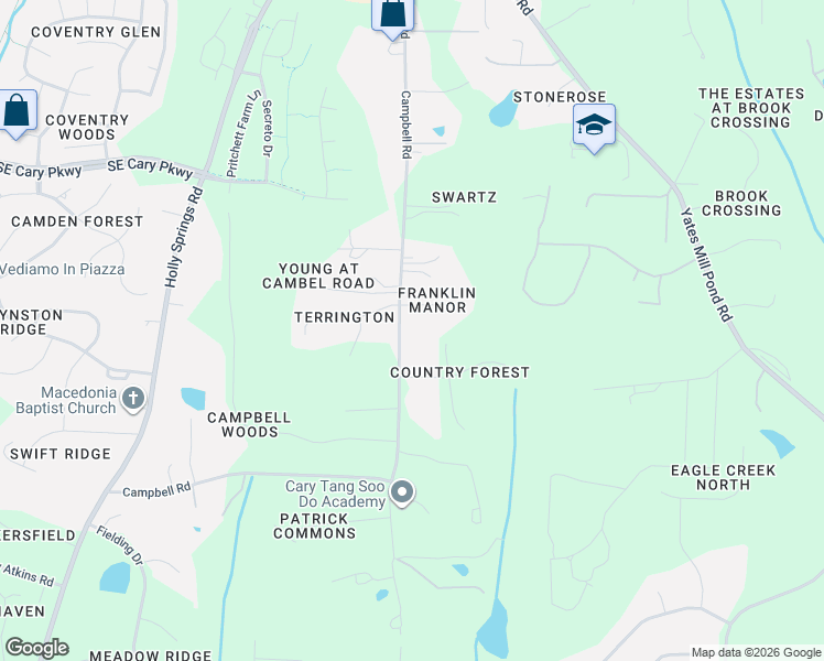 map of restaurants, bars, coffee shops, grocery stores, and more near 5905 Terrington Lane in Raleigh