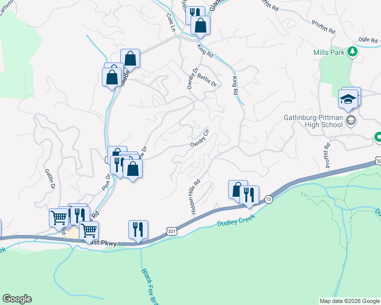 map of restaurants, bars, coffee shops, grocery stores, and more near 428 Moody Drive in Gatlinburg