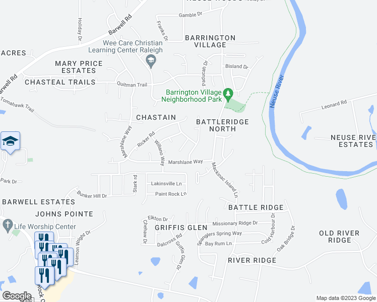 map of restaurants, bars, coffee shops, grocery stores, and more near 3520 Kernstown Drive in Raleigh