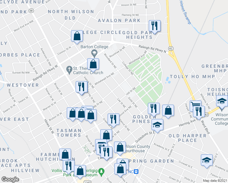 map of restaurants, bars, coffee shops, grocery stores, and more near 412 Lee Street Northeast in Wilson