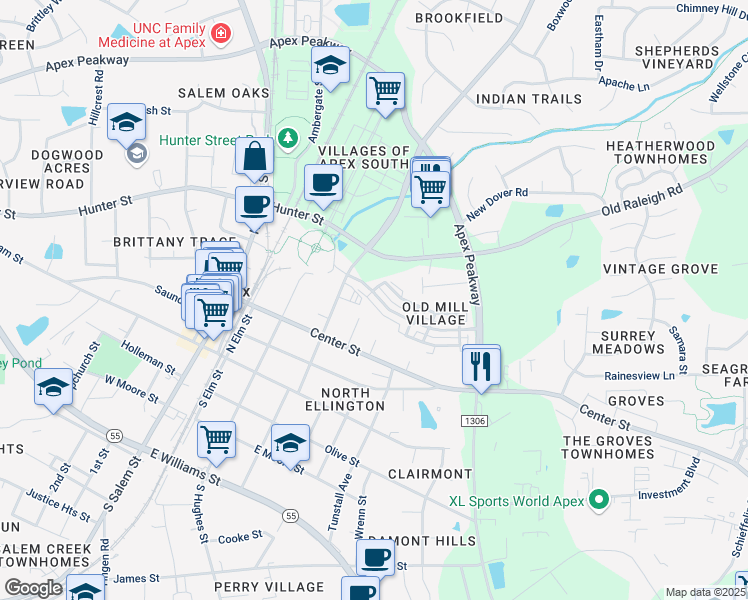 map of restaurants, bars, coffee shops, grocery stores, and more near 545 Old Mill Village Drive in Apex