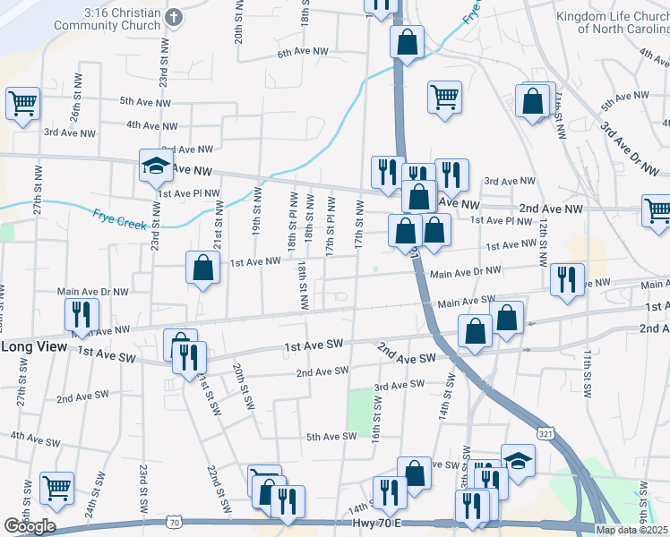 map of restaurants, bars, coffee shops, grocery stores, and more near 13 1st Avenue Northwest in Hickory