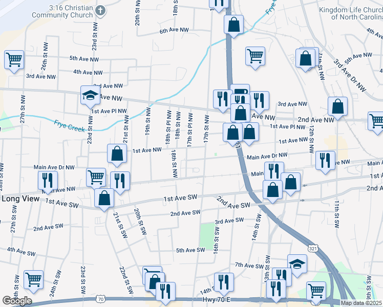 map of restaurants, bars, coffee shops, grocery stores, and more near 1735 1st Avenue Northwest in Hickory