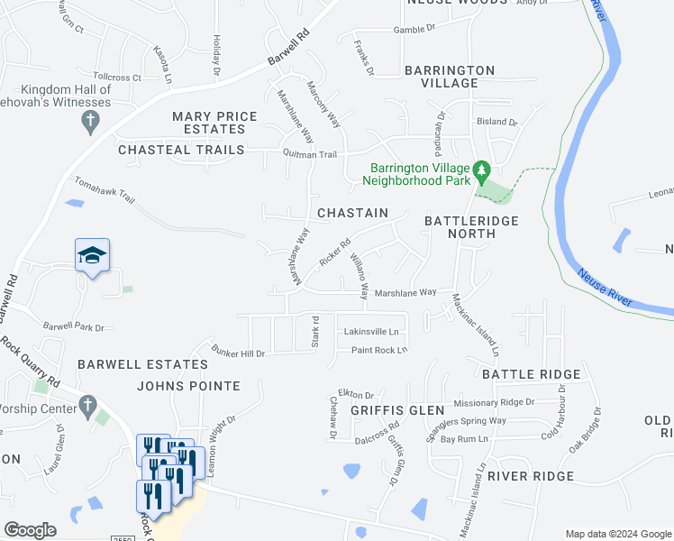 map of restaurants, bars, coffee shops, grocery stores, and more near 3602 Coulwood Court in Raleigh