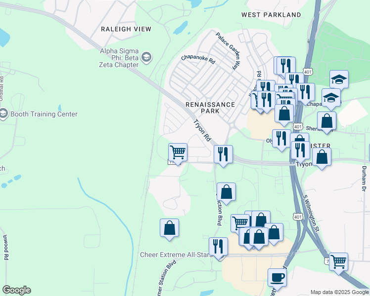 map of restaurants, bars, coffee shops, grocery stores, and more near 653 Cupola Drive in Raleigh