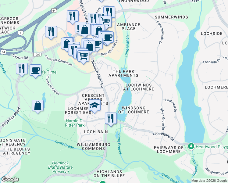 map of restaurants, bars, coffee shops, grocery stores, and more near 111 Loch Bend Lane in Cary