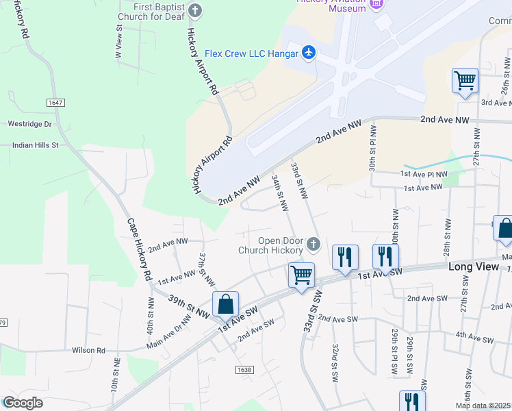 map of restaurants, bars, coffee shops, grocery stores, and more near 3571 1st Avenue Circle Northwest in Hickory