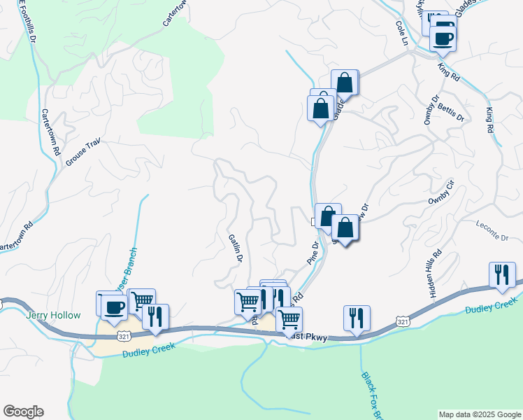 map of restaurants, bars, coffee shops, grocery stores, and more near 320 Bruce Road in Gatlinburg