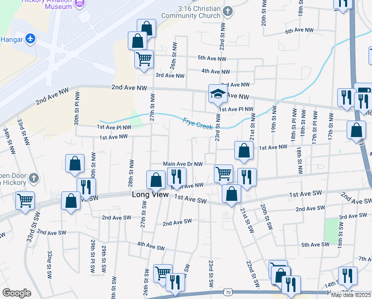 map of restaurants, bars, coffee shops, grocery stores, and more near 127 24th Street Northwest in Hickory