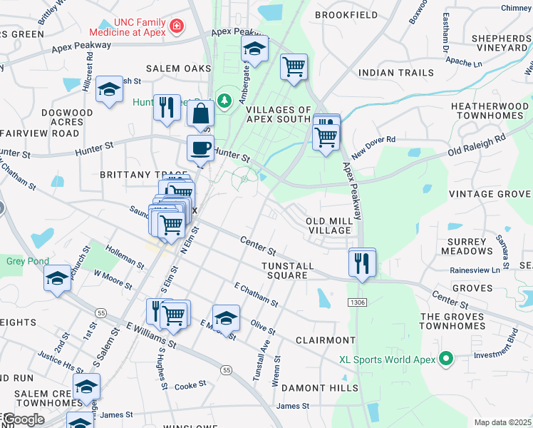 map of restaurants, bars, coffee shops, grocery stores, and more near 320 North Mason Street in Apex