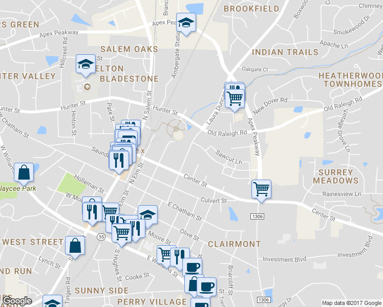 map of restaurants, bars, coffee shops, grocery stores, and more near 320 North Mason Street in Apex