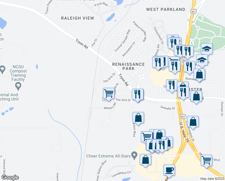 map of restaurants, bars, coffee shops, grocery stores, and more near 690 Cupola Drive in Raleigh