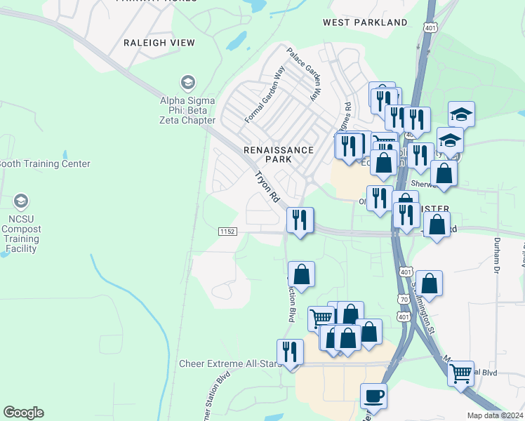 map of restaurants, bars, coffee shops, grocery stores, and more near 719 Bryant Street in Raleigh