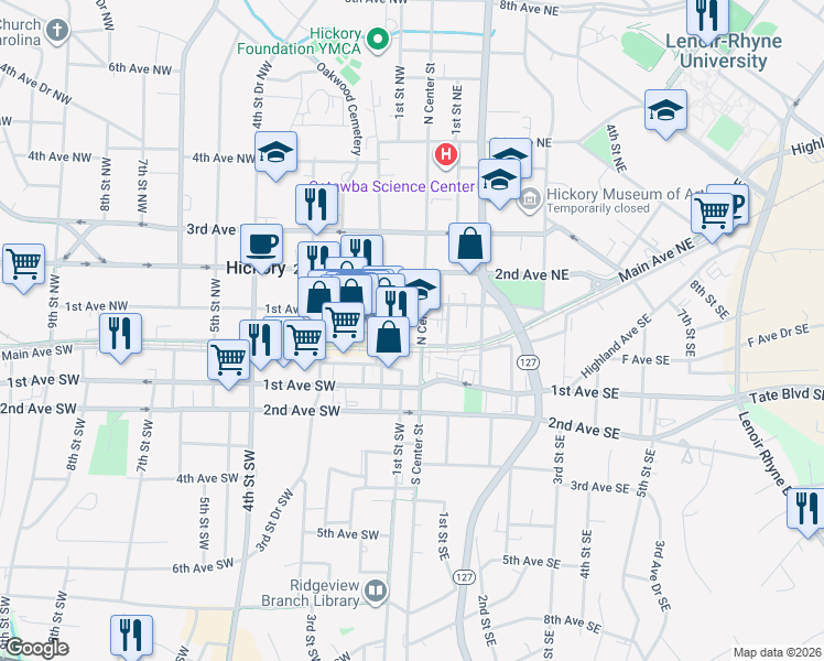 map of restaurants, bars, coffee shops, grocery stores, and more near 1 North Center Street in Hickory