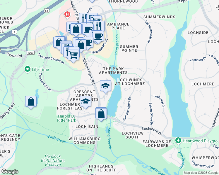 map of restaurants, bars, coffee shops, grocery stores, and more near 317 Glen Echo Lane in Cary