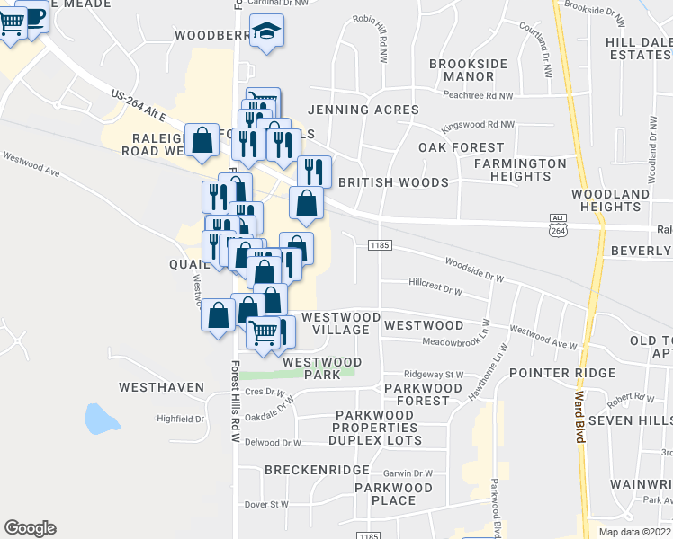 map of restaurants, bars, coffee shops, grocery stores, and more near 2209 Village Drive West in Wilson