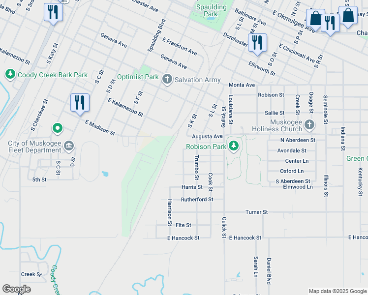 map of restaurants, bars, coffee shops, grocery stores, and more near 1004 Wood Street in Muskogee