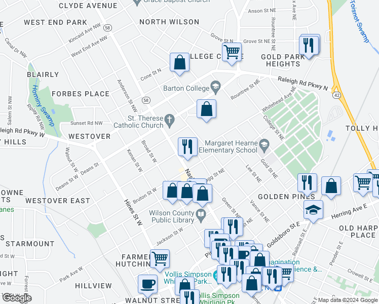 map of restaurants, bars, coffee shops, grocery stores, and more near 606 Nash Street Northeast in Wilson