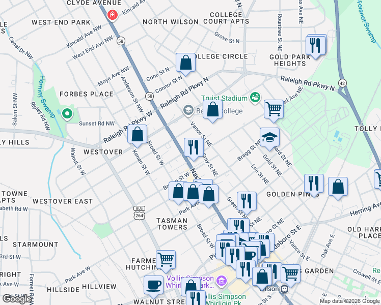 map of restaurants, bars, coffee shops, grocery stores, and more near 606 Nash Street Northeast in Wilson