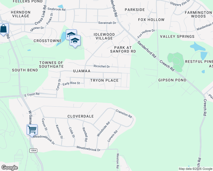 map of restaurants, bars, coffee shops, grocery stores, and more near 3629 Morman Springs Lane in Raleigh