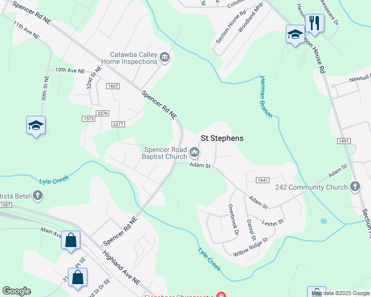 map of restaurants, bars, coffee shops, grocery stores, and more near 821 Spencer Road in Conover