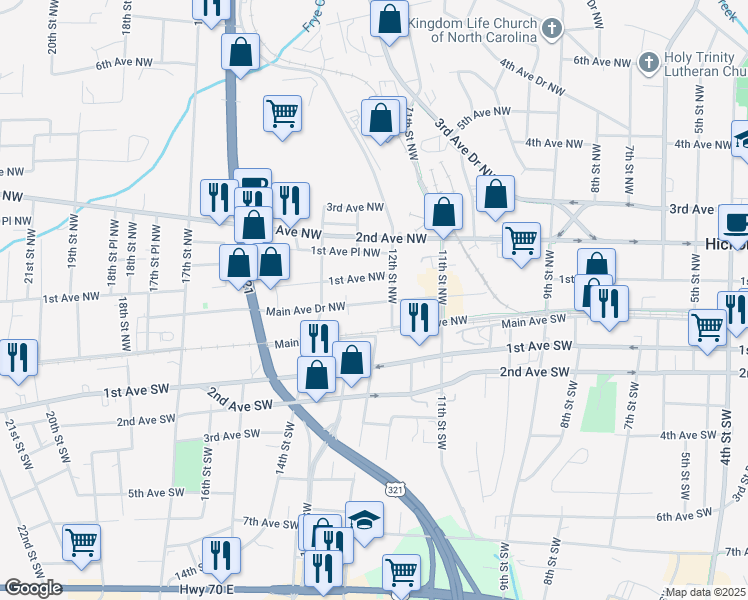 map of restaurants, bars, coffee shops, grocery stores, and more near 1231 1st Avenue Northwest in Hickory