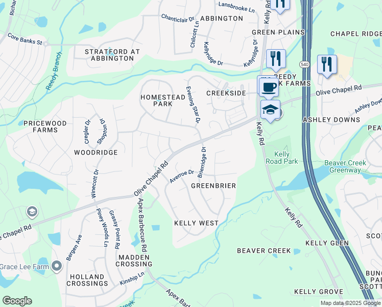 map of restaurants, bars, coffee shops, grocery stores, and more near 1933 Olive Chapel Road in Apex
